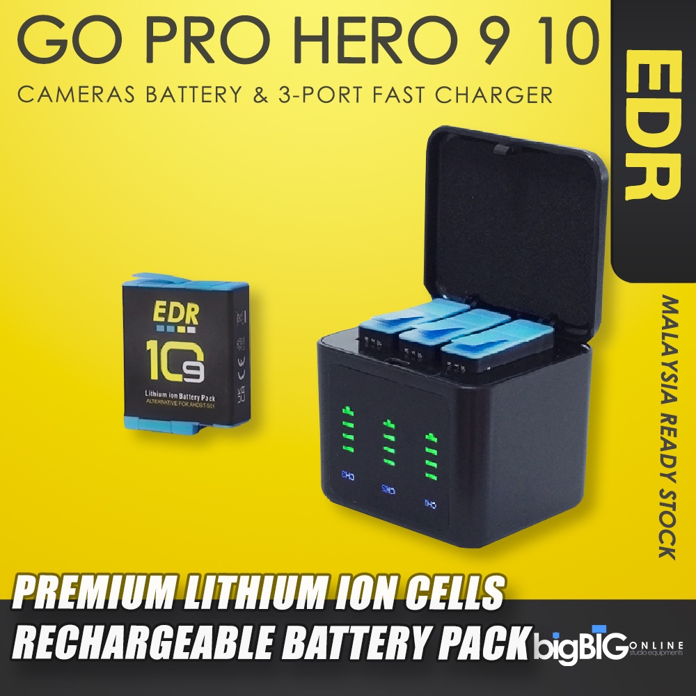 EDR Go Pro Hero 10 Black Cameras Battery and 3-Port Fast Charger