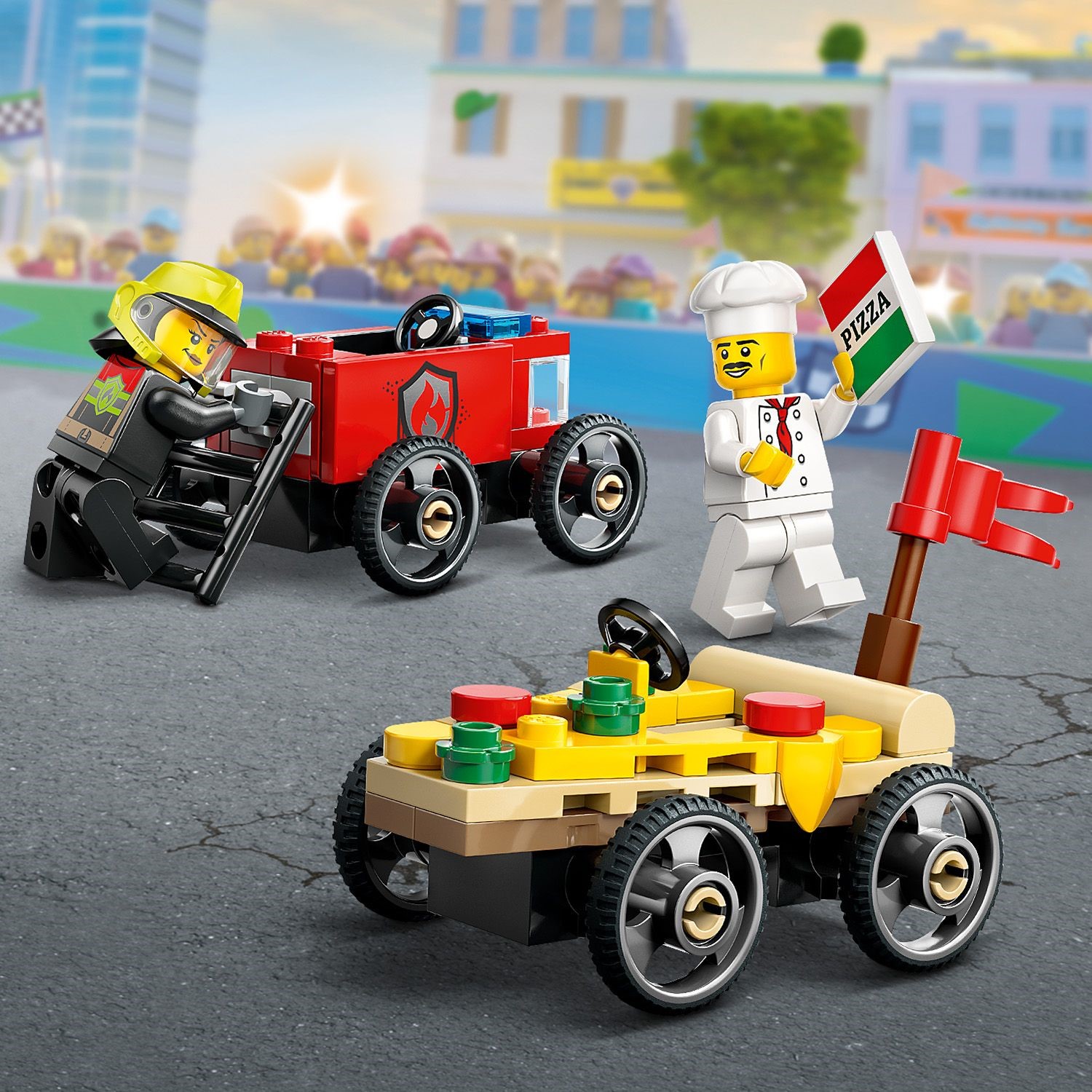 LEGO 60458 City Pizza vs. Fire Truck Race Car Pack Building Toy Set (70 ...