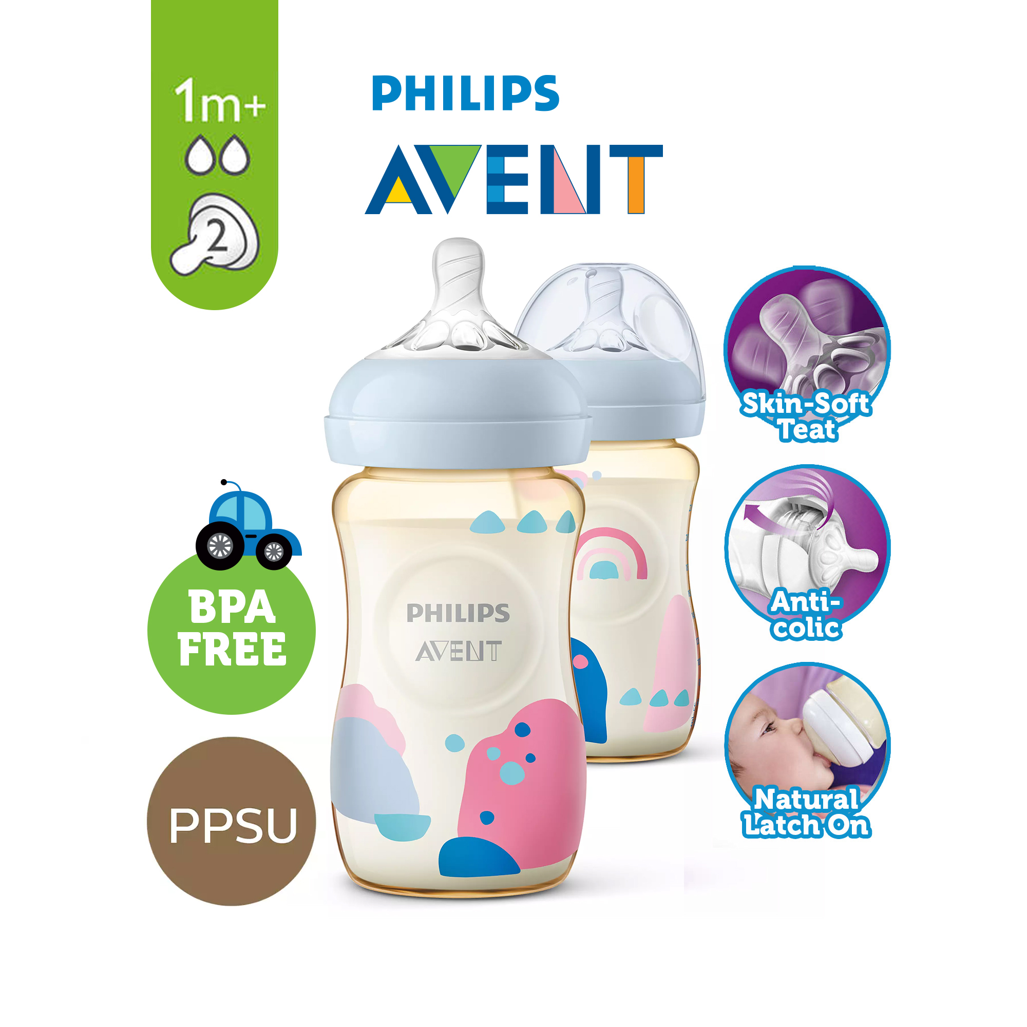 Avent PPSU Bottle 260ml/ 90z (Twin Pk) Button and Wheel Baby Store