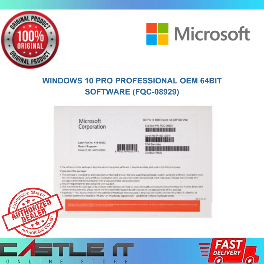 MICROSOFT WINDOWS 10 Professional OEM 64BIT SOFTWARE (FQC-08929