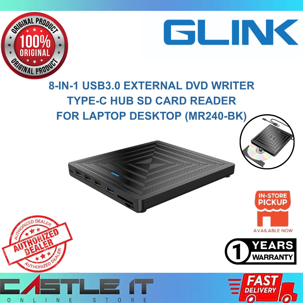 GLINK MR240-BK 8-in-1 USB3.0 External DVD Writer Type-C Hub SD