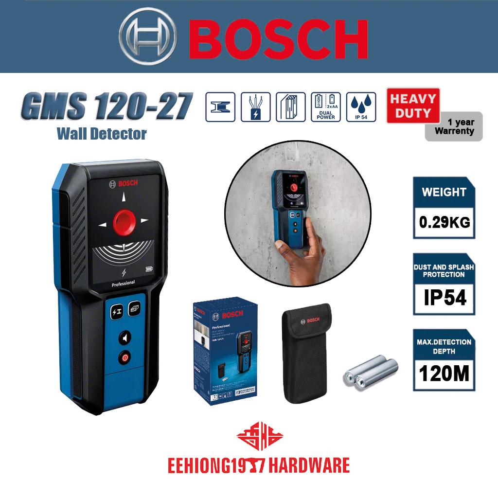 BOSCH GMS120-27 Wall Scanner & Stud Finder – Detects Wood, Metal, And Live Wires, Large LED Display, IP54 Rated, Includes 2 AA Batteries & Pouch