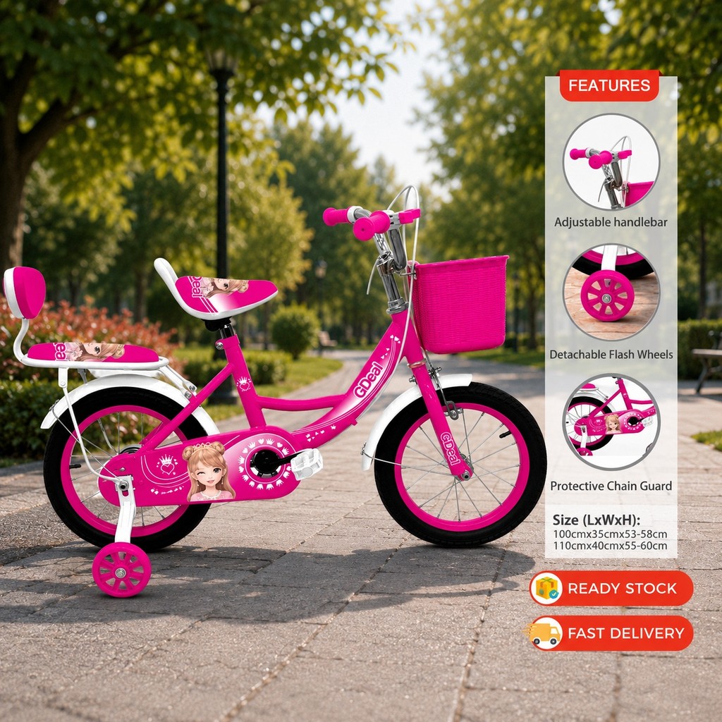 GDeal 14 & 16 Inch Bicycle Children Princess Kids 4 wheels Road Bike Outdoor Ride Adjustable Seat Ba