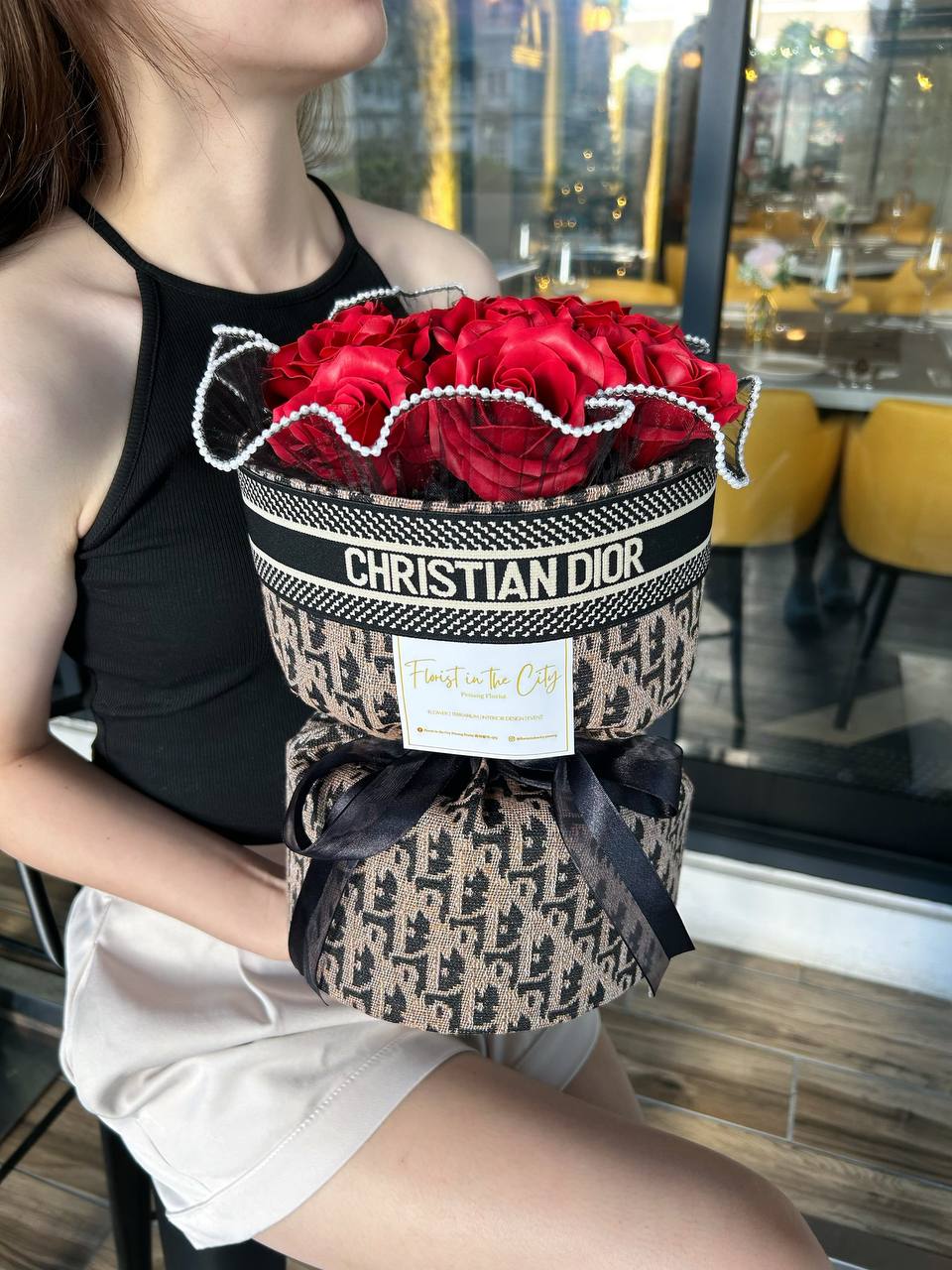 FITC Modern Dior Channel Red Rose Bouquet Green Plant Society