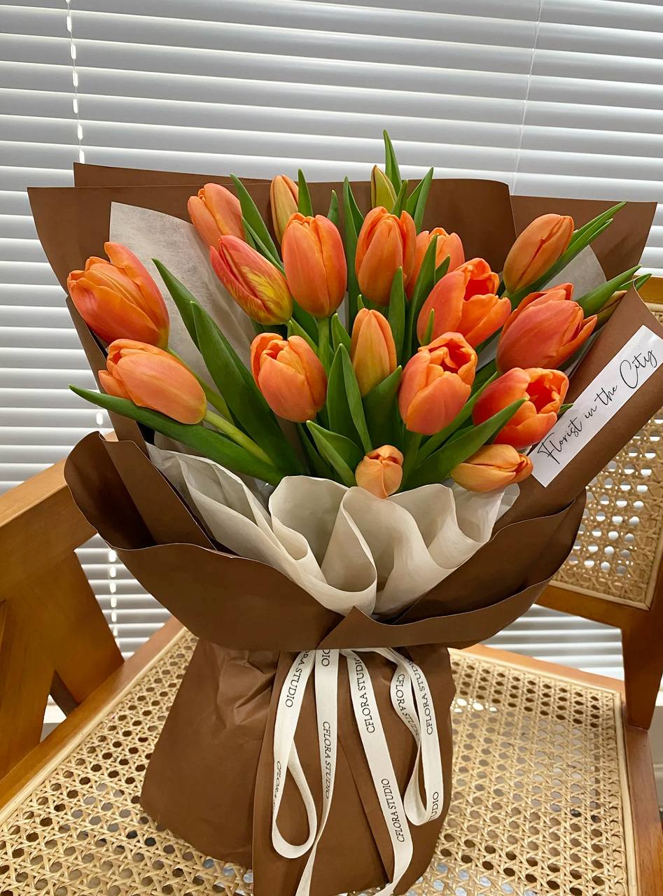 FITC Forever Yours 19 Fresh Orange Tulips Bouquet | Green Plant
