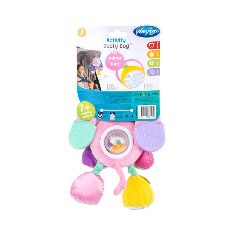 Playgro Perro Doofy Amigo De Actividades | Juguete Sensorial Con Sonajero, Mordedor Y Colores De Contraste | Clip Para Cochecito