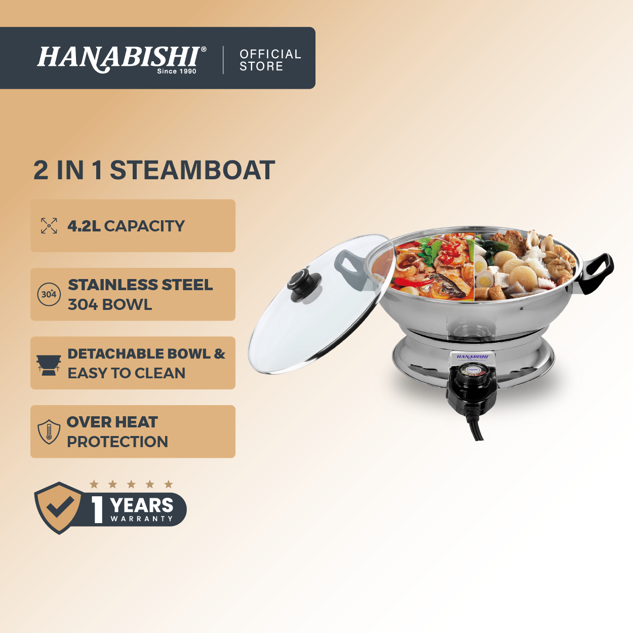 Hanabishi 2 in 1 Stainless Steel Steamboat (4.2L) HA3322