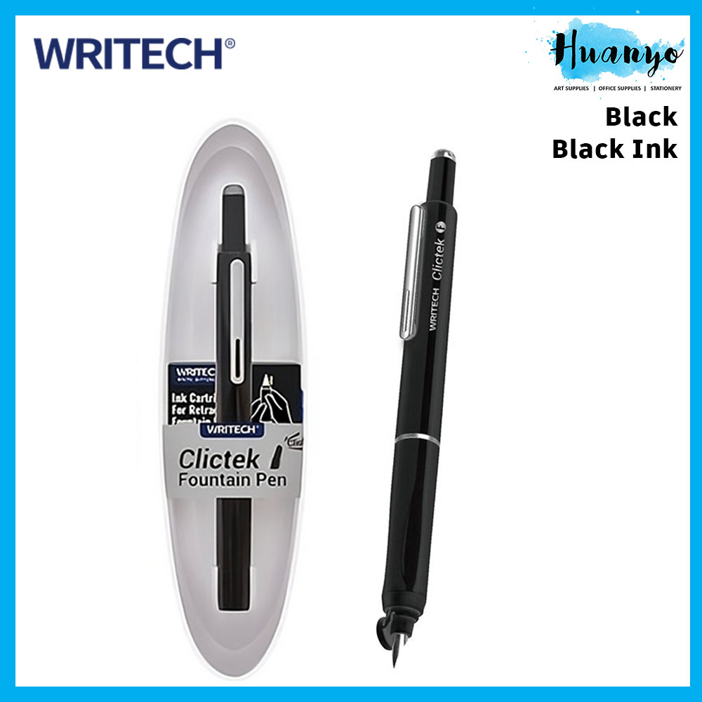 [HUANYO] Writech Clictek Retractable Fountain Pen Set - Fine Nib with 5 Ink Cartridges (Black/Blue I
