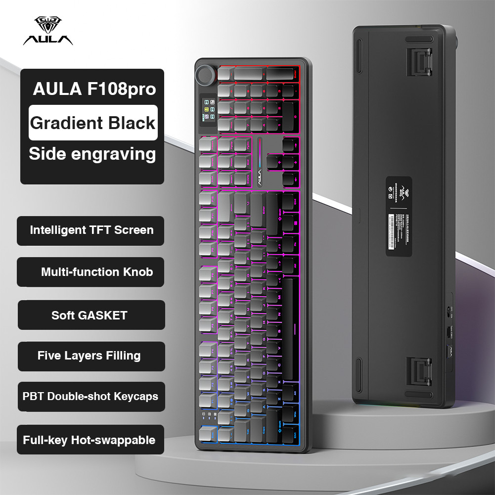 AULA F108 Pro Wireless Keyboard Gradient Gray side-engraved keycaps  (Tri-Mode Connectivity & 8000mAh Battery) Raindrop switch | ISMART Online  Store (MY)