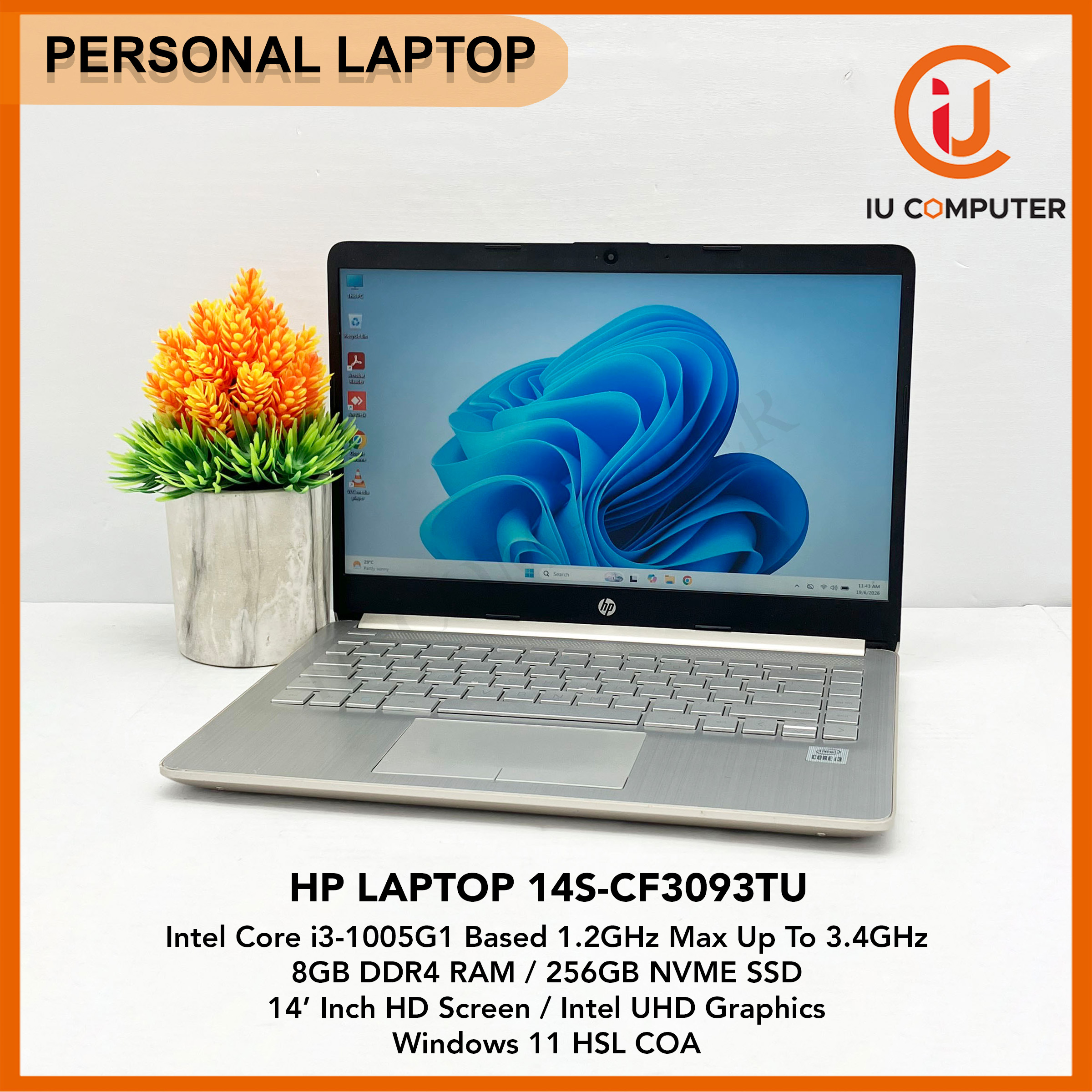 HP LAPTOP 14S-CF3093TU INTEL CORE I3-1005G1 8GB RAM 256GB NVME SSD