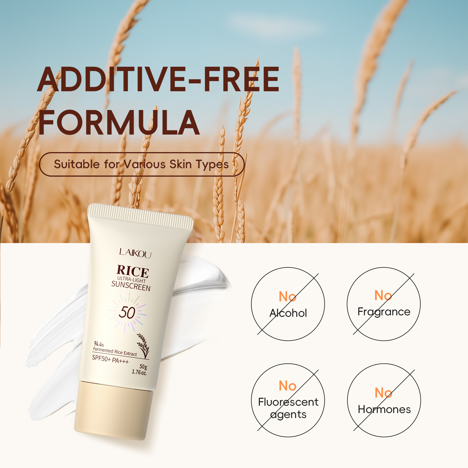 LAIKOU Rice Ultra-Light Sunscreen SPF50+ PA+++ 94.4% Fermented Rice ...