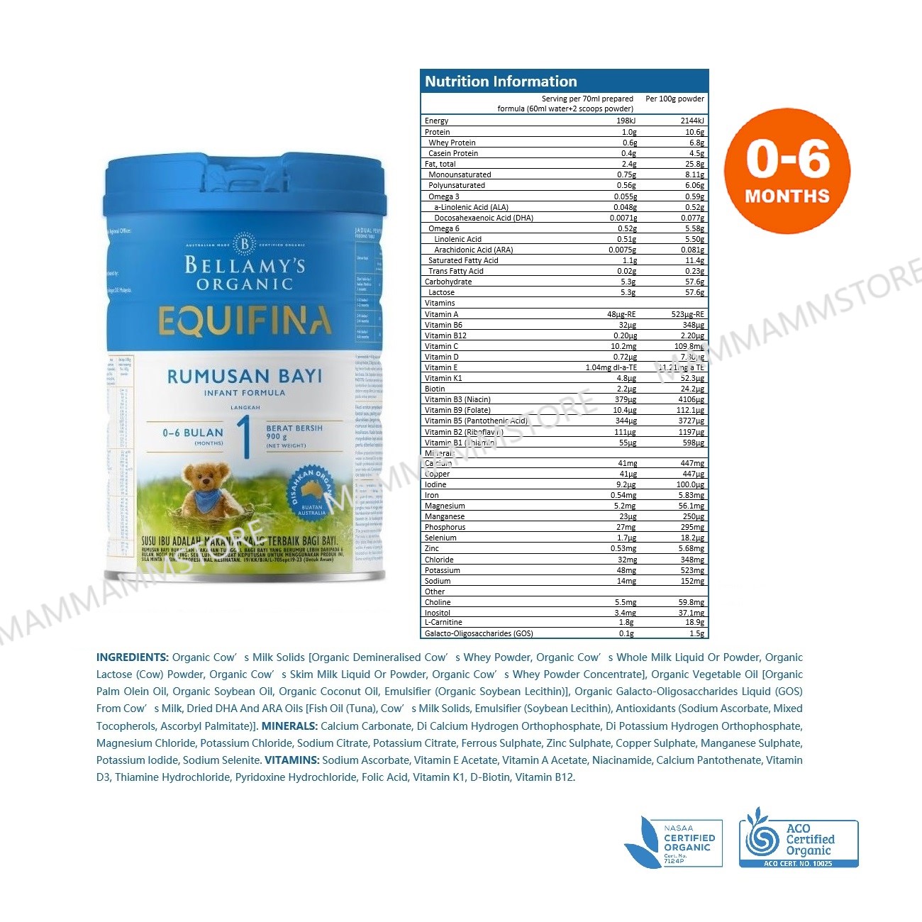 Bellamy's Organic Step 1 EQUIFINA Infant Formula 900g for 0