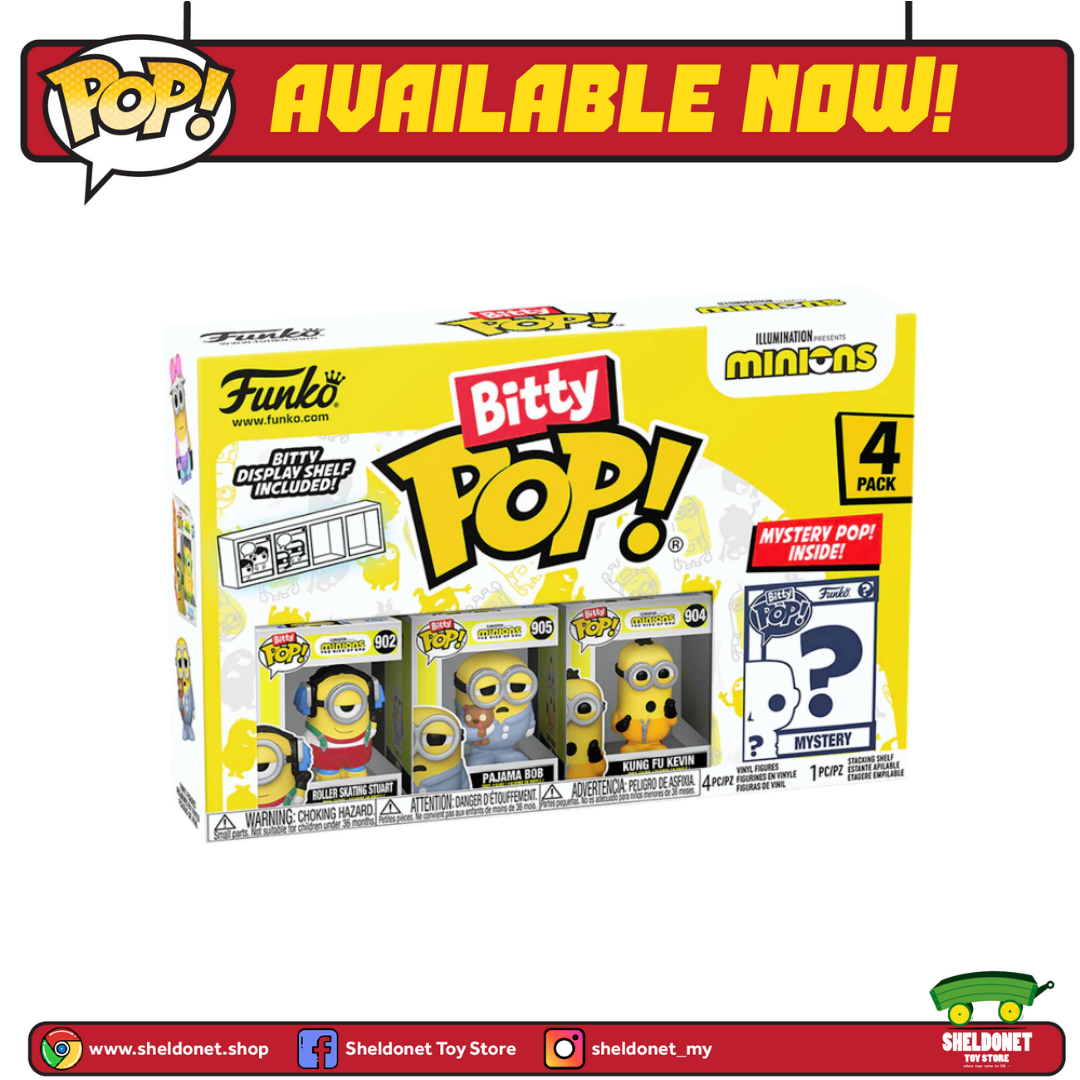 Funko Bitty Pop! Minions 4-Pack: Roller Skating Stuart, Pajama Bob, Kung Fu Kevin, and A Surprise Mystery Mini Figure - 0.9 Inch (2.2 Cm) - Stackable Display Shelf Included - Gift