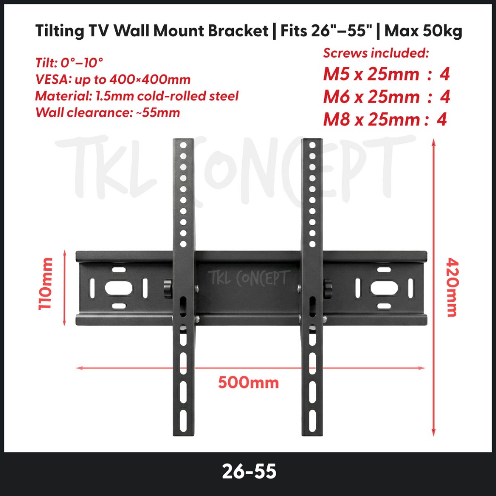 Rak TV Dinding 14-75 Inch Universal Tilting Wall Mount Bracket LCD LED VESA | TKL Concept