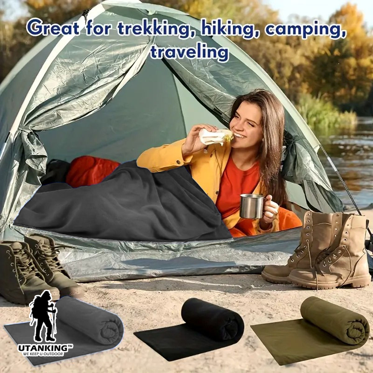 Fleece Sleeping Bag Liner Outdoor Warm Camping Blanket Picnic