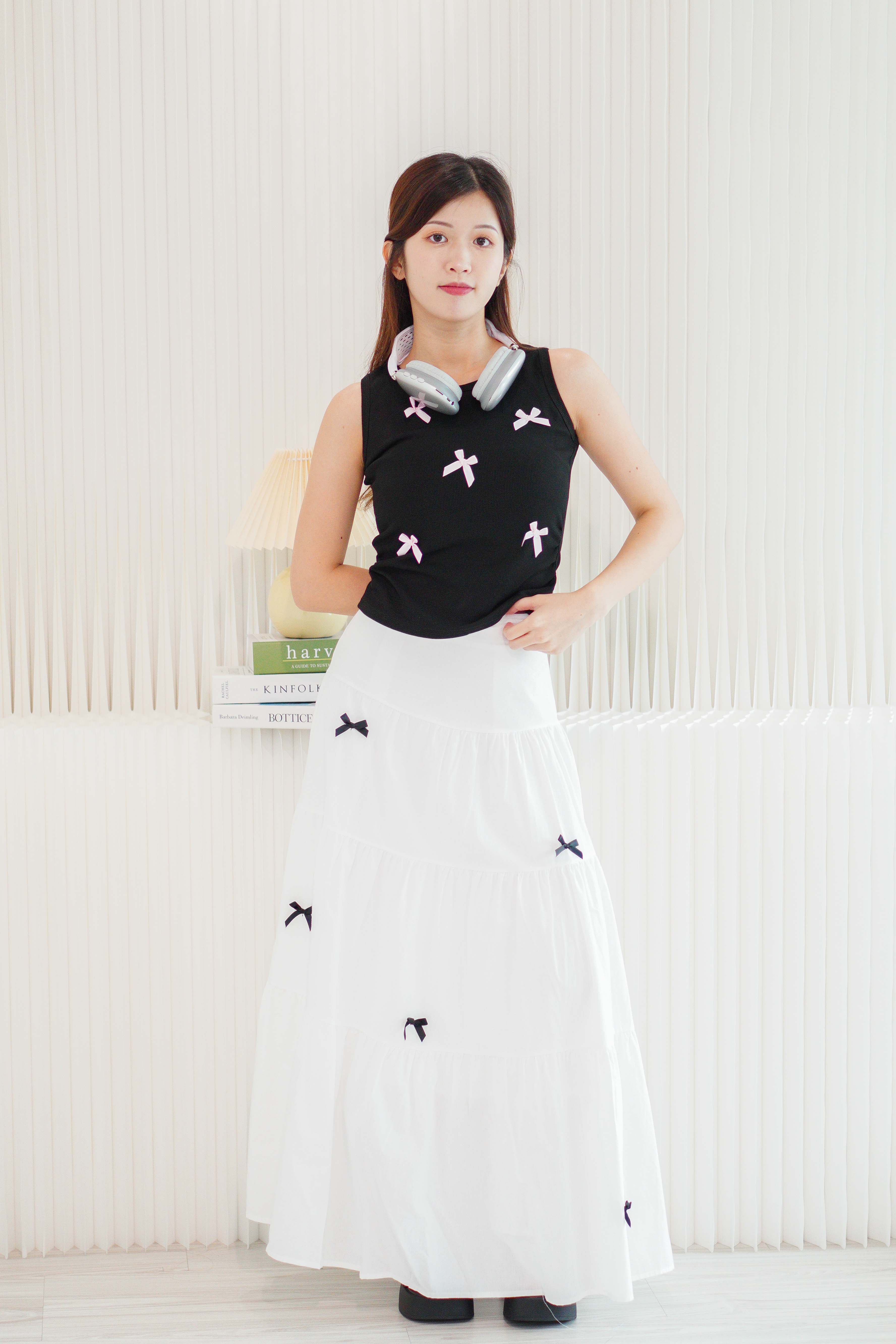 Valentine Mini Black Ribbon Maxi Skirt in White | Bash