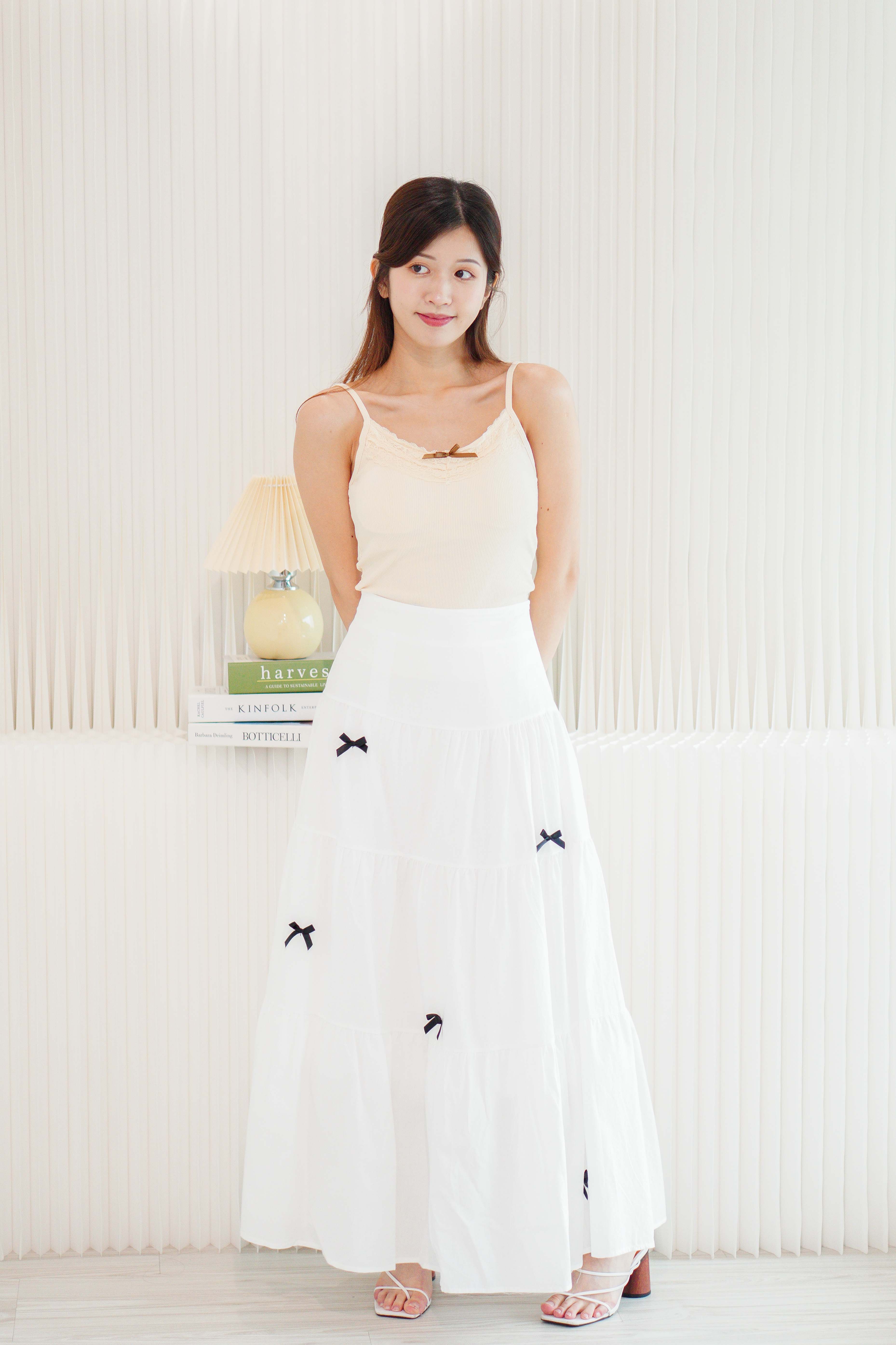 Valentine Mini Black Ribbon Maxi Skirt in White | Bash