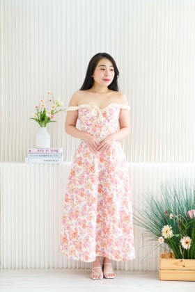 Peora Off Shoulder Floral A-Line Dress in Pink | Bash