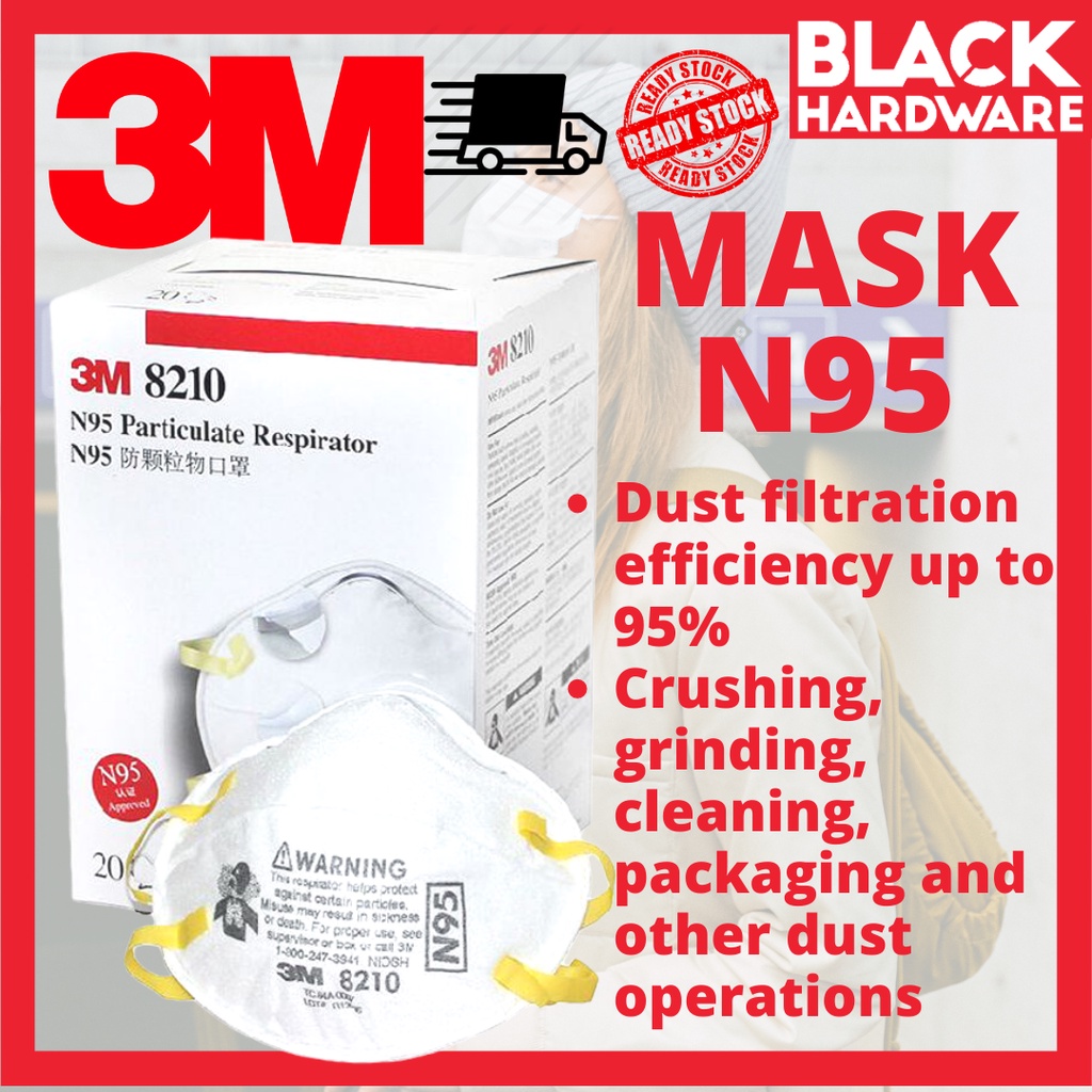 BLACK HARDWARE 3M Safety Mask N95 8210 Respirator Disposable Medical Dust Face Haze Mask Topeng Muka