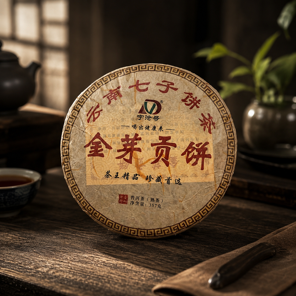 云南七子饼茶金芽贡饼357g 普洱茶熟茶Black Tea | Cheng Woh Medical Hall