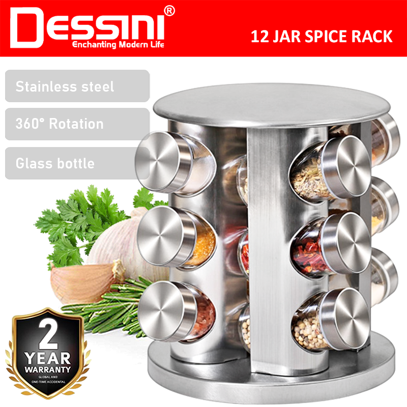 DESSINI ITALY 12 IN 1 Rotating Spiral Spice Tower Rack Glass Bottle Organiser Salt Storage Jar Condi