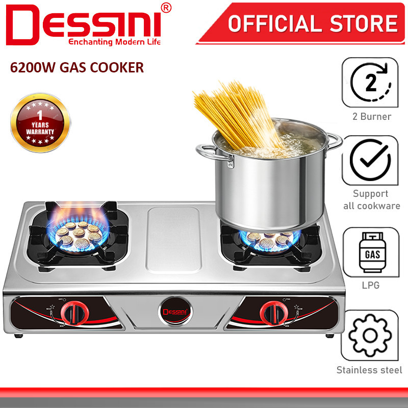 DESSINI ITALY Auto Ignition Gas Cooker Propane LPG Hob 2 Burner Cooktop Tabletop Stainless Steel Sto