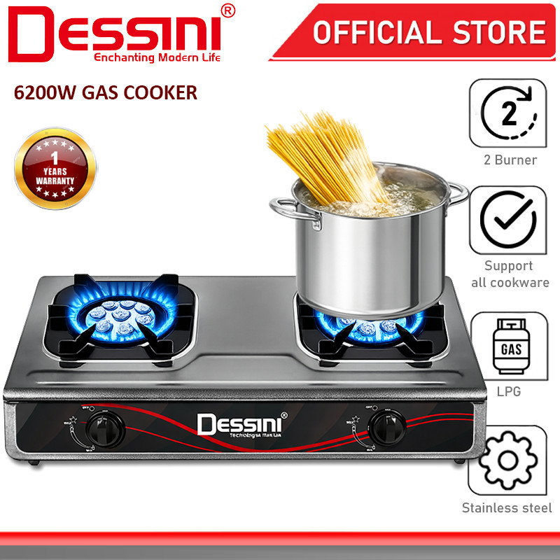 DESSINI ITALY Auto Ignition Gas Cooker Propane LPG Hob 2 Burner Cooktop Tabletop Stainless Steel Sto