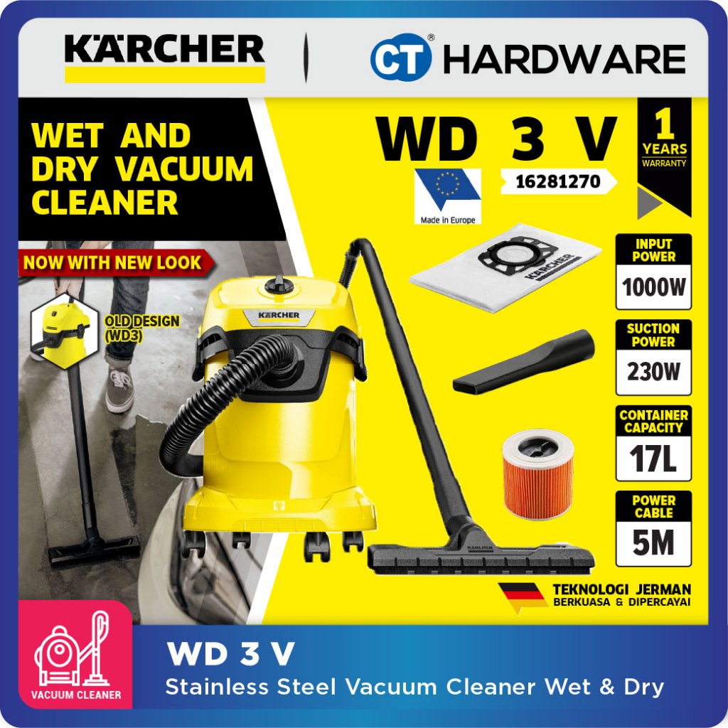 KARCHER WD3SV | WD3V | WD2PLUSV  Wet & Dry Vacuum Cleaner 1000W | 17L | Stainless Steel Tank | High 