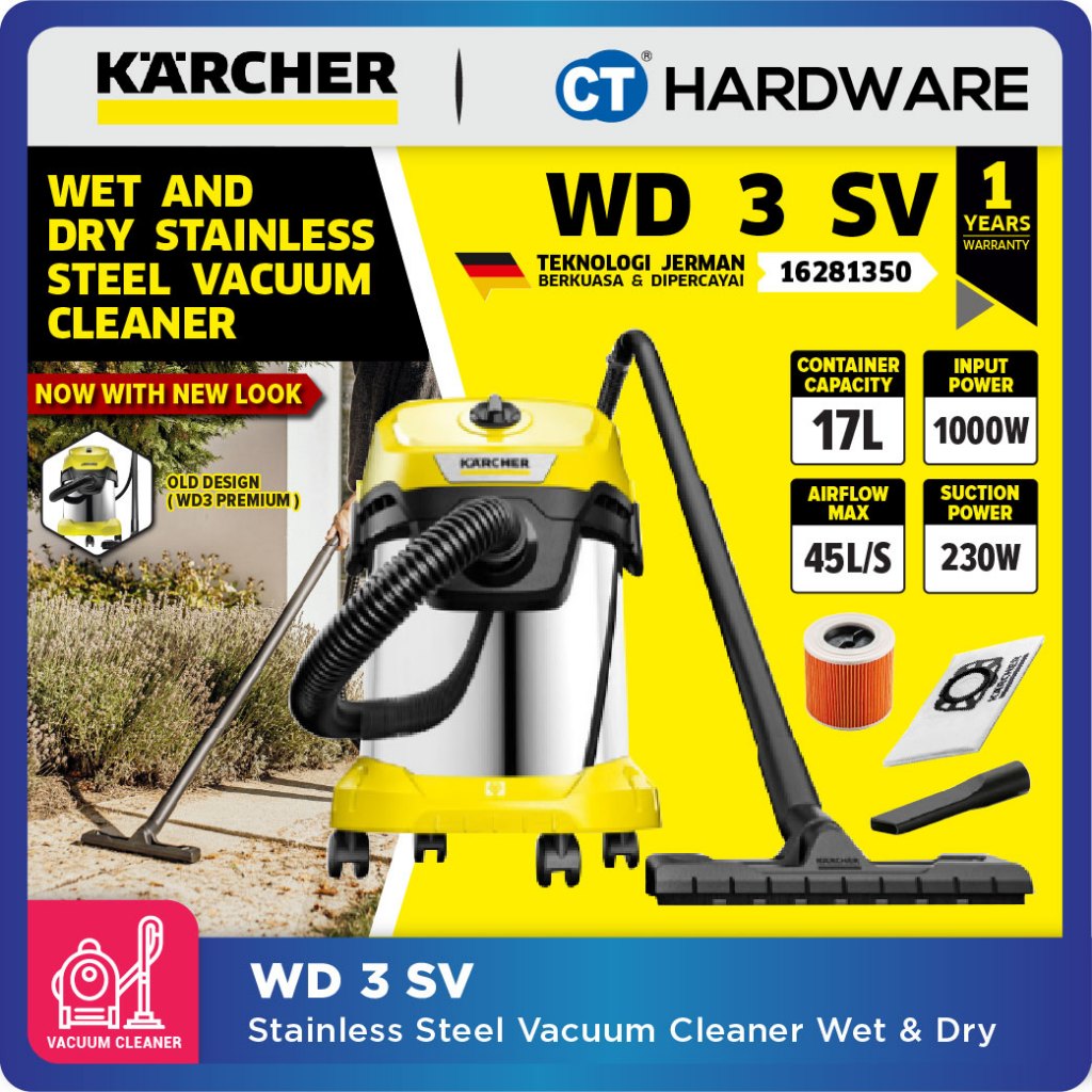 KARCHER WD3SV | WD3V | WD2PLUSV  Wet & Dry Vacuum Cleaner 1000W | 17L | Stainless Steel Tank | High 