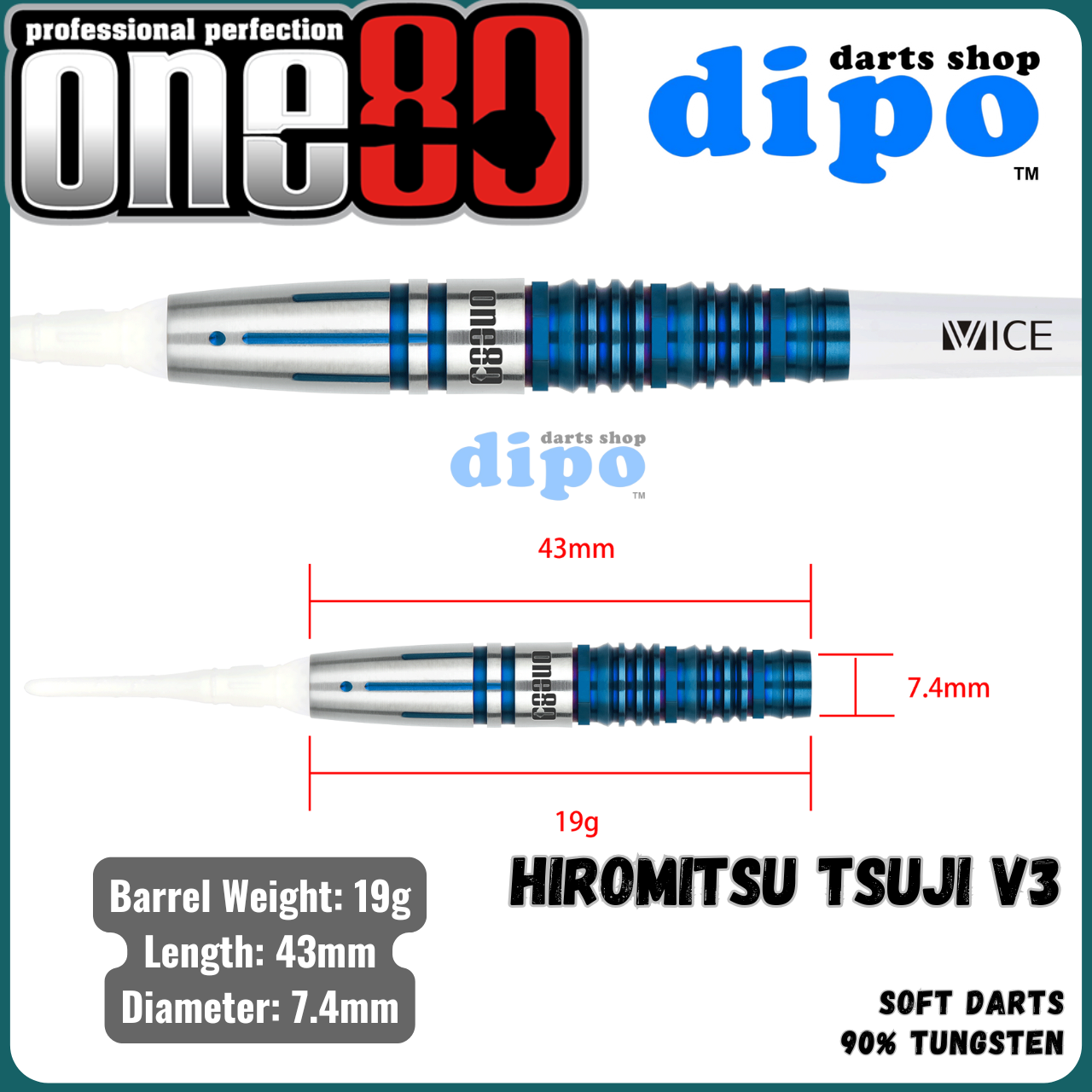 ダーツ One80 Hiromitsu Tsuji ver.2 2BA 22g One80 Hiromitsu Tsuji II Soft Tip Darts - 22gm