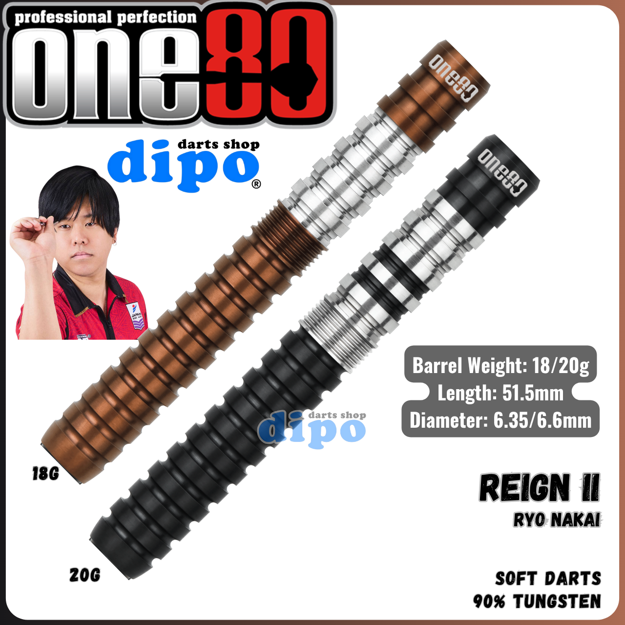 TEAM ONE80 Ryo Nakai REIGN ダーツ 21g ONE80】REIGN レイン 2BA21g 中井涼選手 ダーツ バレル