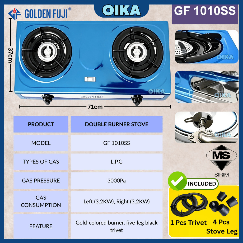 [SIRIM] Golden Fuji Stainless Steel Double Gas Stove | Auto Ignition | GF‑1010SS / GF‑1212 / GF‑1313