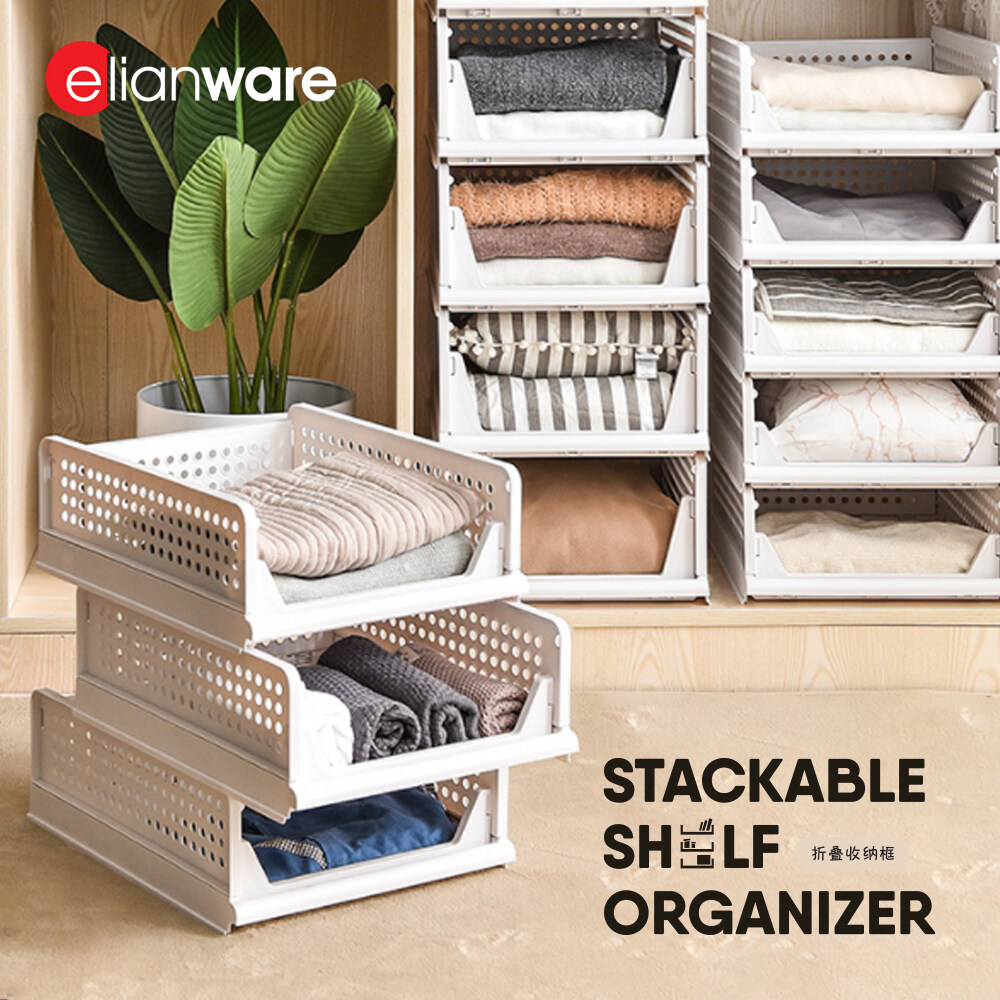 Elianware Foldable Stackable Shelf Storage Organizer Wardrobe Basket Storage Box Drawer Rak Baju