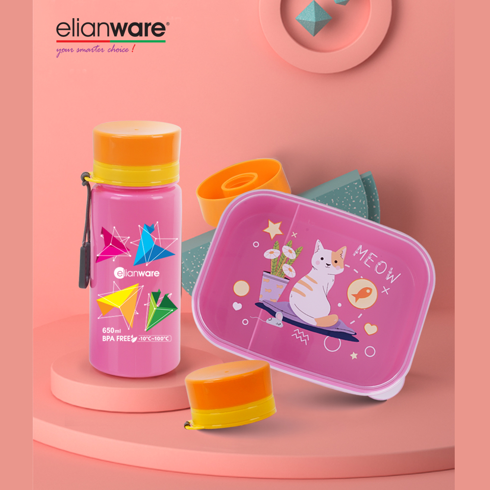 [Carton Deal] Elianware Microwaveable School Bento Lunch Box with 650ml Strap Water Bottle (36 SETS)