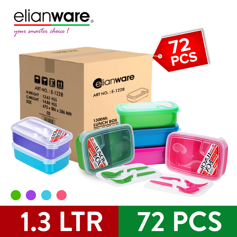 [Carton Deal] Elianware Lunch Box Container With Fork & Spoon Bento Lunch Box (1.3L X 72pcs)