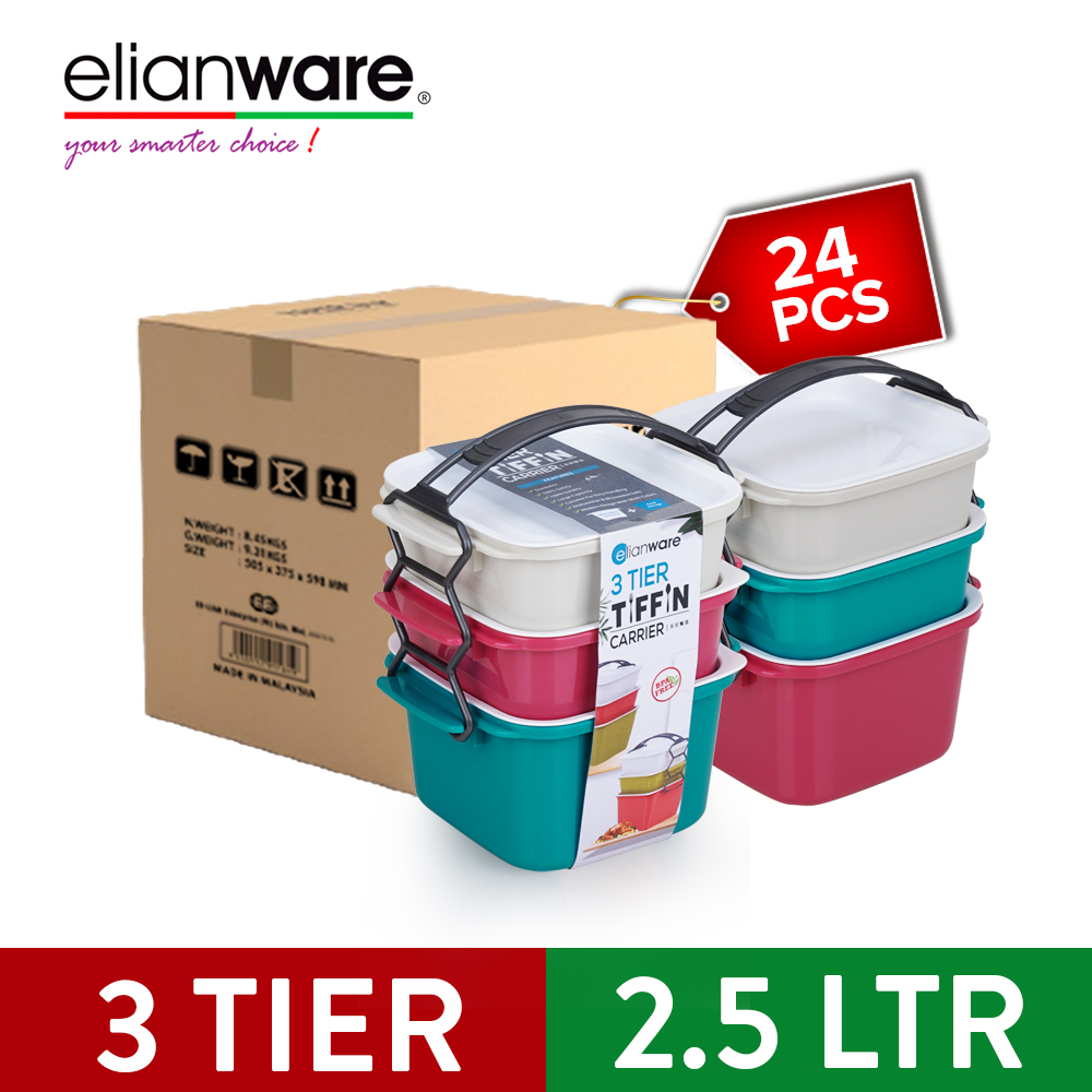 [Carton Deal] Elianware 3 Layer Tier Microwaveable BPA Free Square Tiffin Food Carrier Lunch Box with Cariolier