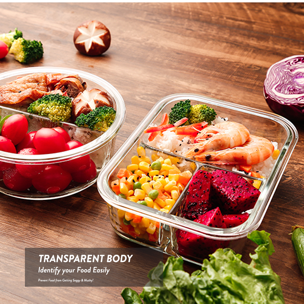 Elianware Rectangular Airtight Borosilicate Glasslock Keeper [ with Compartment ] Multipurpose Food Storage Lunch Box