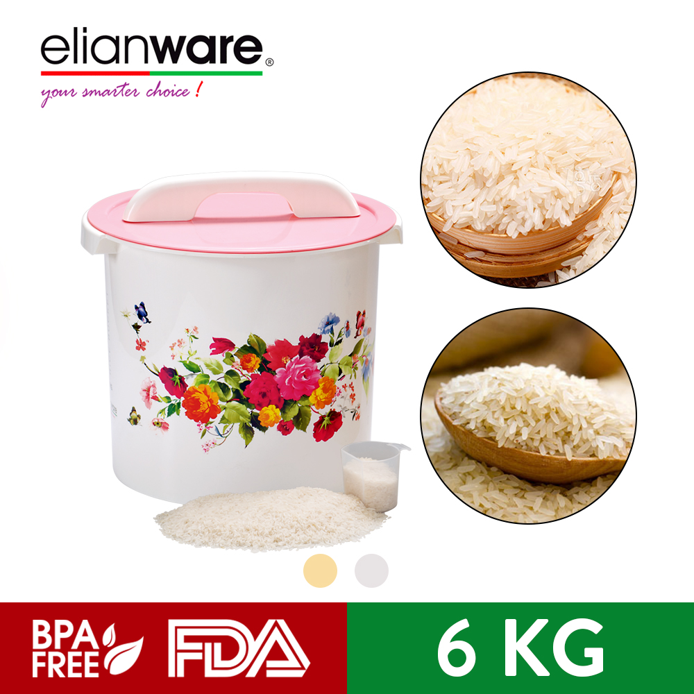 Elianware Flower Series [ 6kg/12kg ] Rice Dispenser Rice Bucket Bekas Beras with Measurement Cup