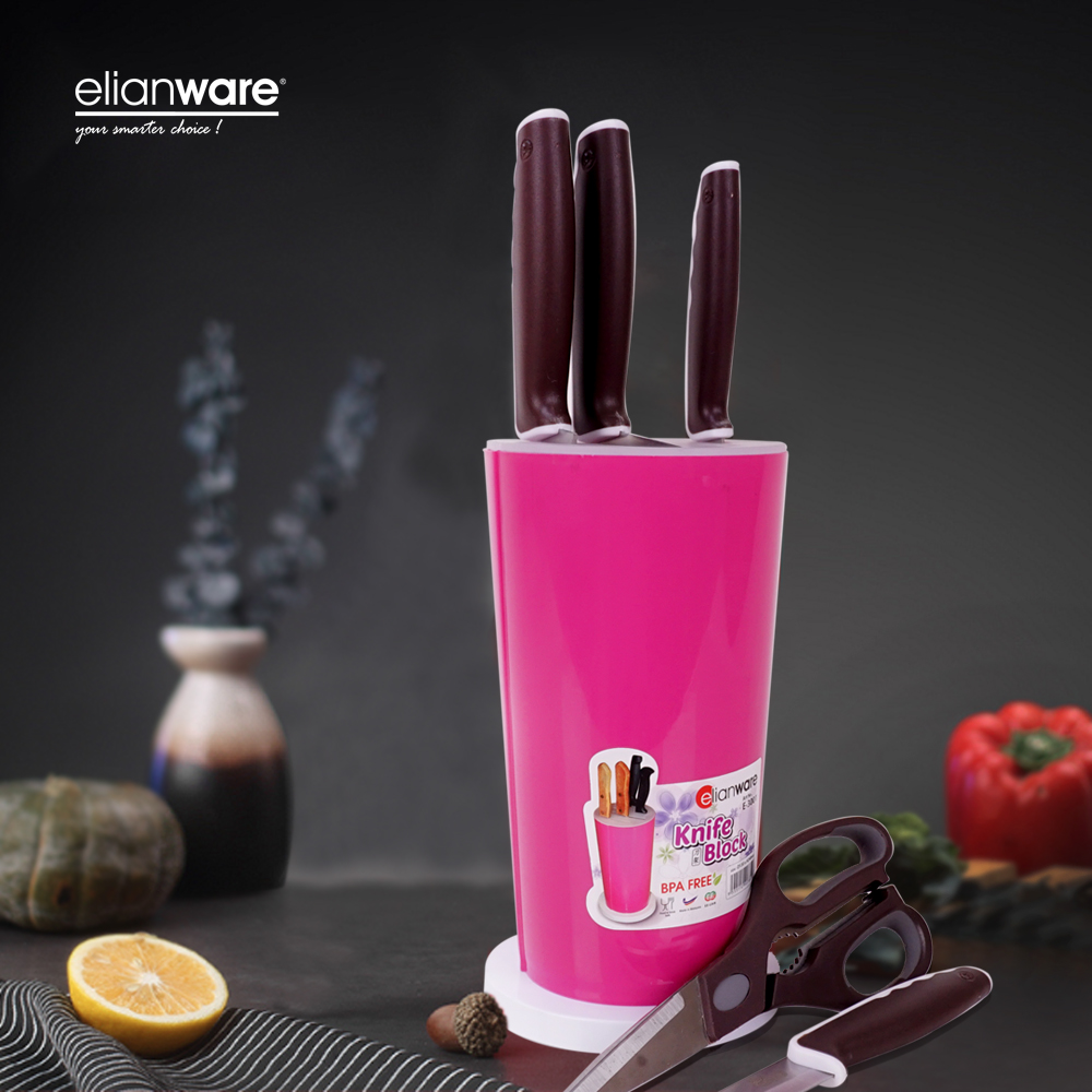 Elianware 6 in 1 Stainless Steel Kitchen Knife Pisau Set Scissors with Knife Holder