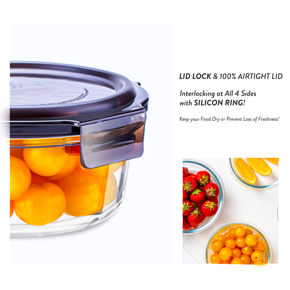 Elianware (1pc/3pcs) Round Airtight Borosilicate Glasslock Keeper Multipurpose Food Storage Lunch Box