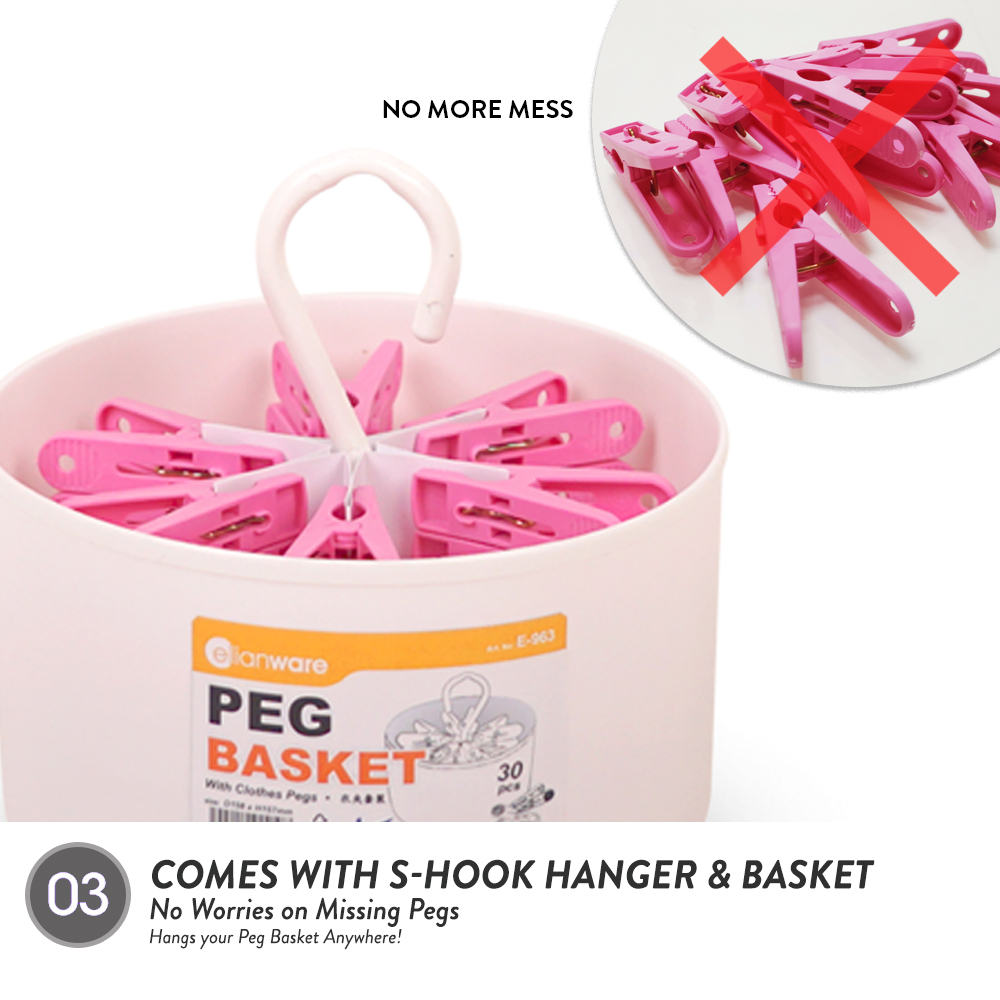 Elianware Stylish Peg Basket with 30 Pcs Clothes Pegs Penyepit Baju
