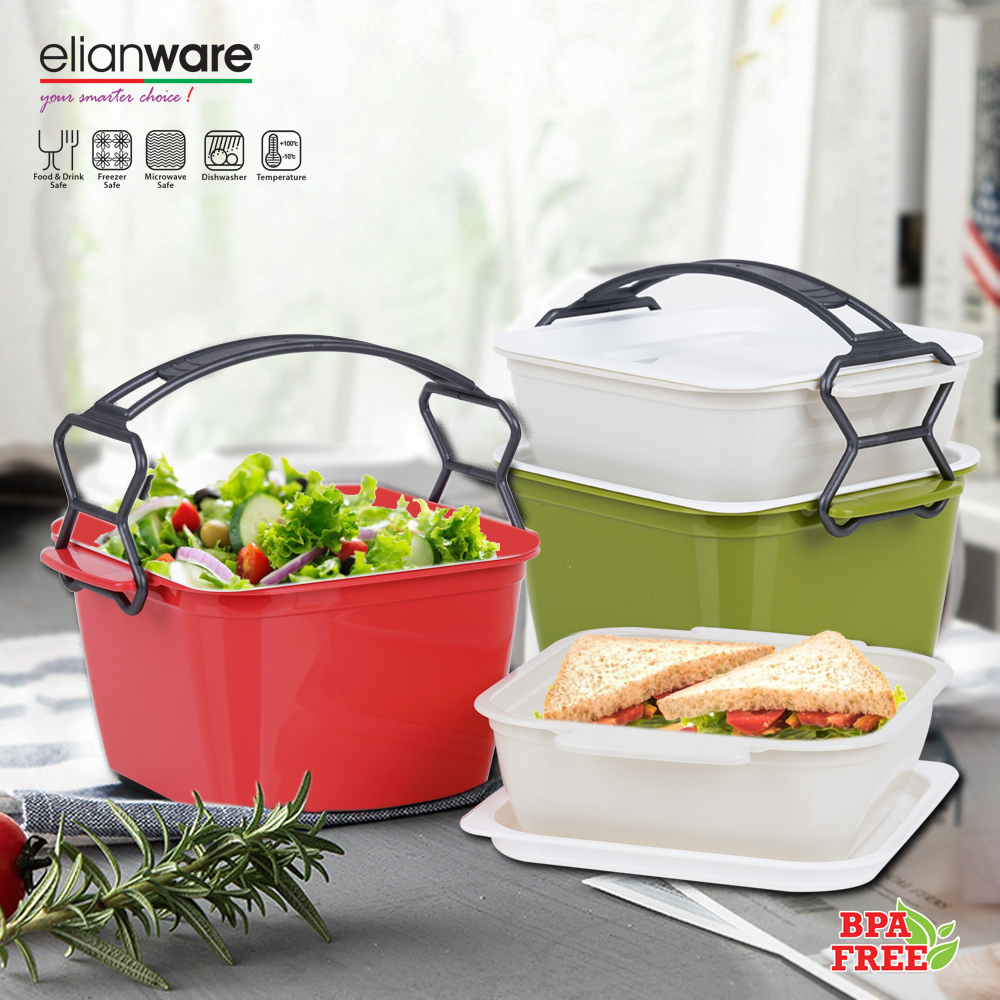 [Carton Deal] Elianware 3 Layer Tier Microwaveable BPA Free Square Tiffin Food Carrier Lunch Box with Cariolier