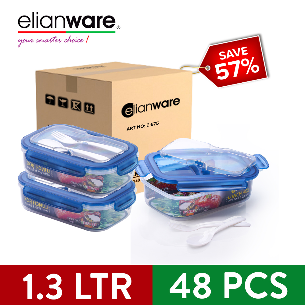 [Carton Deal] Elianware Ezy-Lock Acrylic Microwavable Anti-Leak Lunch Box Food Container with Fork & Spoon (1.3L x 48pcs)