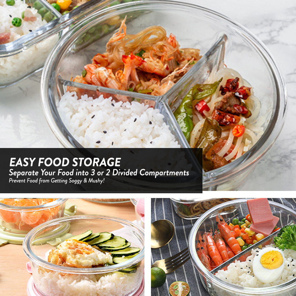 Elianware Round Airtight Borosilicate Glasslock Keeper [ with Compartment ] Multipurpose Food Storage Lunch Box