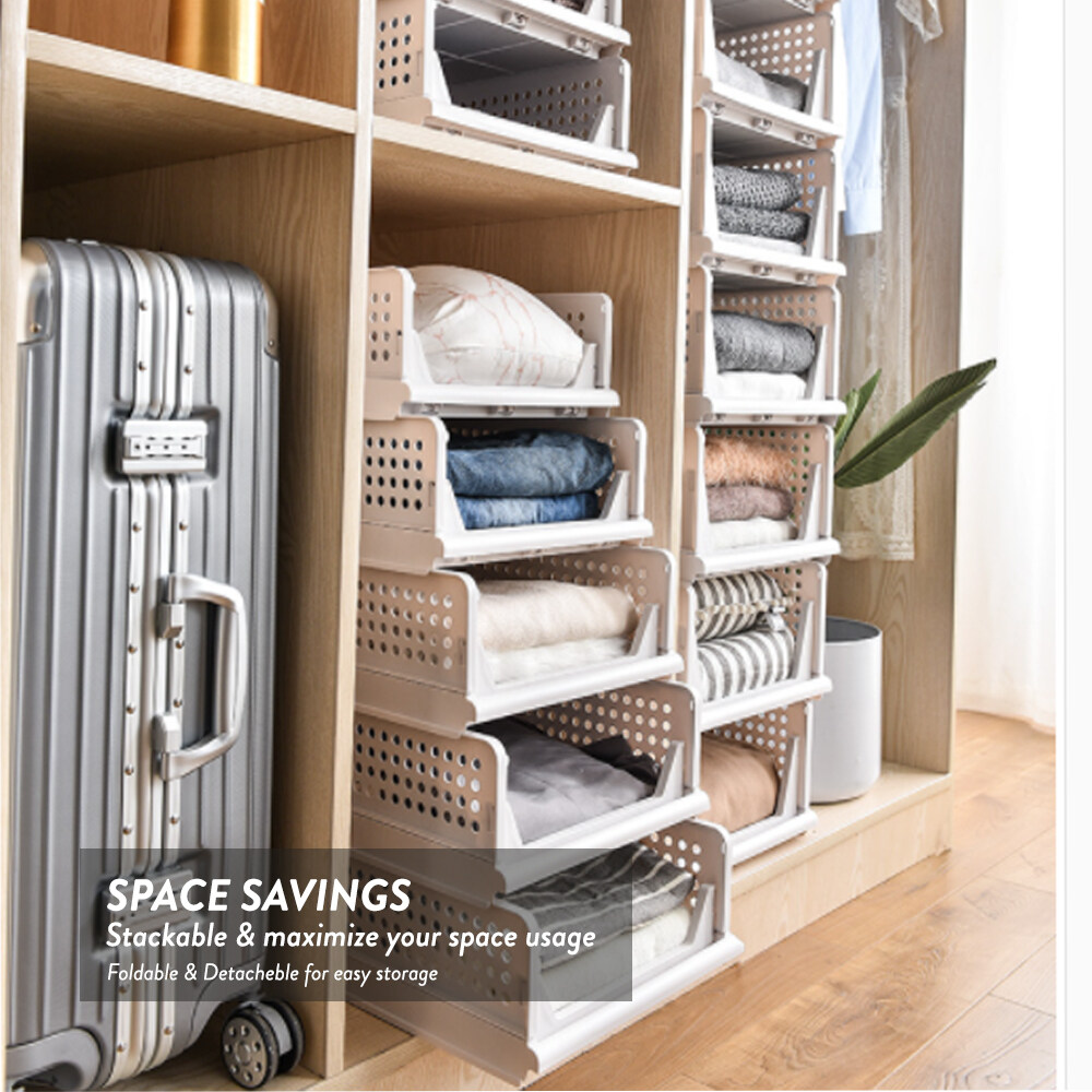 Elianware Foldable Stackable Shelf Storage Organizer Wardrobe Basket Storage Box Drawer Rak Baju