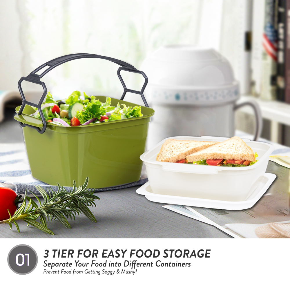 [Carton Deal] Elianware 3 Layer Tier Microwaveable BPA Free Square Tiffin Food Carrier Lunch Box with Cariolier