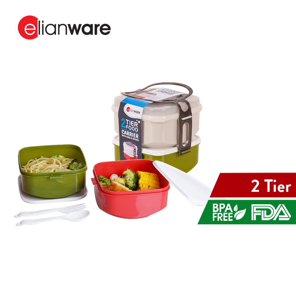 ELIANWARE 2 Layer Tier Microwaveable [BPA FREE] Square Tiffin Food Carrier Lunch Box with Fork & Spoon