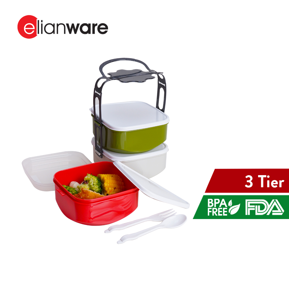 ELIANWARE 3 Layer Tier Microwaveable BPA Free Square Tiffin Food Carrier Lunch Box with Spoon & Fork