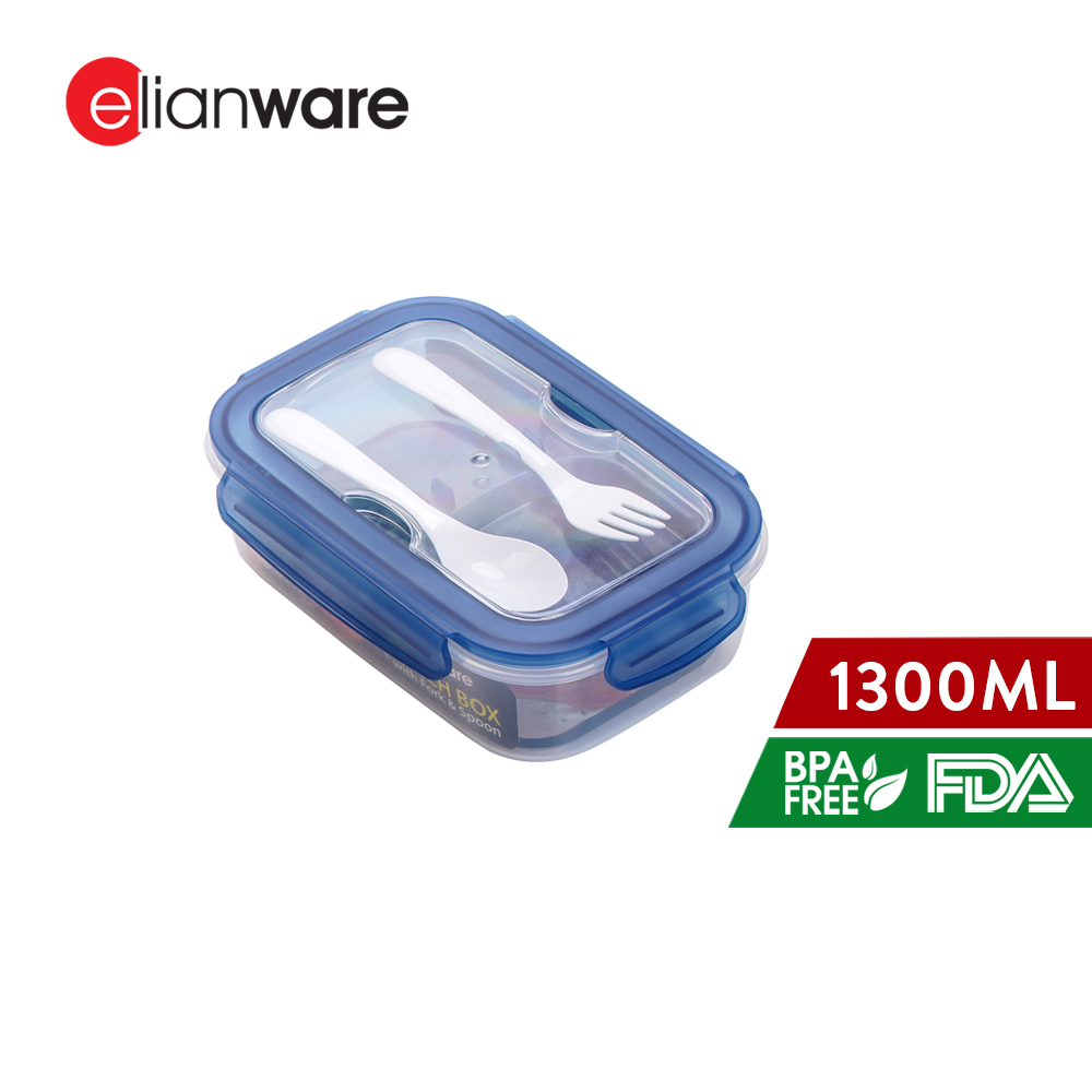 Elianware Ezy-Lock Acrylic Microwavable (1.3L) Lunch Box Food Container with Fork & Spoon