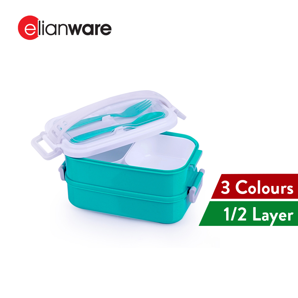 Elianware One/Two Layer Handle Compartment Lunch Box Bento Microwaveable Food Container with Fork & Spoon